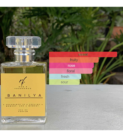 Perfume bottle labeled 'Banilya' with flavor descriptors on a neutral background